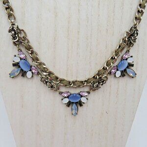 Loft Necklace Silver Tone 18" Chain Purple Rhinestone Blue Beads‎ Statement Bib